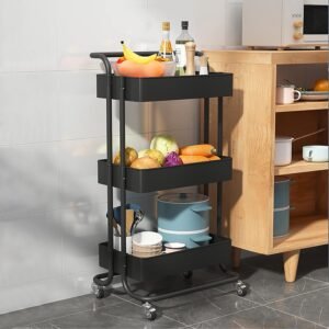 TUKAILAi 3-Tier Rolling Storage Cart with Lockable Wheels and Ergonomic Handle, Slide Out Utility Shelving Unit Organizer Serving Trolley Clearing for Kitchen Bathroom Laundry Bedroom (Black)