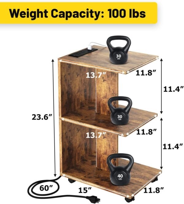 Wooden Nightstand with Charging Station & Led Lights, 3 Tier End Table with Wheels Storage Shelves, Sturdy Bedside Tables Side Table for Living Room Bedroom Home Office, Easy Assembly, Rustic Brown - Image 3
