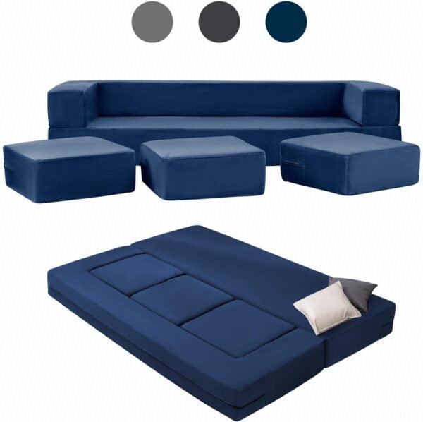PUREMIND Velvet Folding Sofa Bed, Upholstered Floor Sofa Bed with 3 Ottomans, Fold Out Couch Bed with High-Density Foam, Convertible 2-in-1 Foldable Sleeper Sofa Bed for Guest Bedroom Living Room - Image 7
