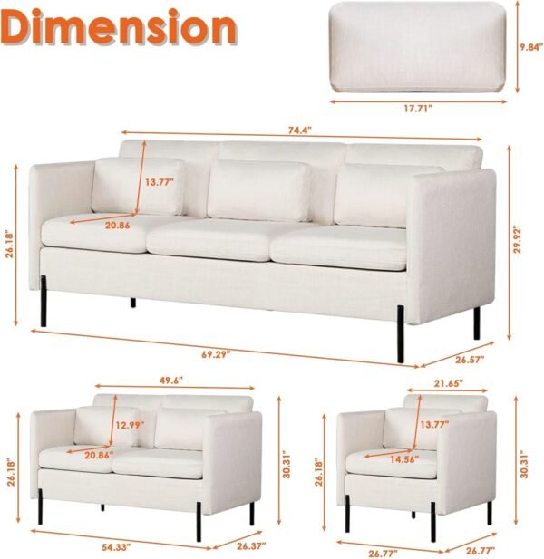 LINLUX Living Room Sectional Sofa Set, Modern Couches for Living Room, 2 Pcs Sofa & Loveseat Sets, Soft Linen Couch, Beige - Image 2