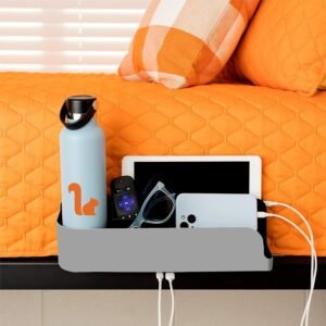 Squirrel-Bedside Perch for College Dorm Bunk Bed, Floating Organizer with USB-C & A Charging Ports, Small Spaces, Bedside Caddy & Nightstand,Dorm Room Decor, Modern designer dorms, Grey