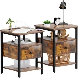 PayLessHere Nightstand End Table Bedside Table with 1 Drawer Bedside Furniture with Charging Station and 2 USB Ports Power Outlets for Living Room Bedroom College Dorm (2, Brown, 15 * 15 * 22)