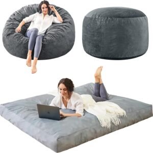 Bean Bag Chair Stuffed with Foam – Folding Beanbag Chairs Lounge Sofa Bed for Adults – Memory Foam Queen Size Mattress – Big Couch with Soft Micro Fiber Cover in Bedroom Dorm Room – 5 ft, Grey