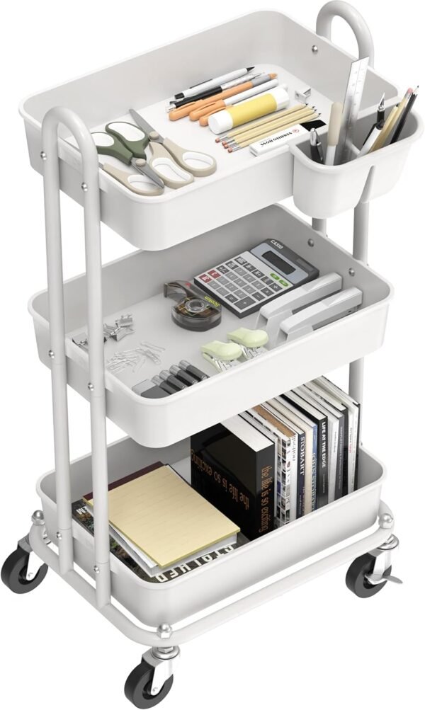 Simple Houseware 3-Tier Kitchen Multifunctional Rolling Utility Cart with Hanging Bucket, White - Image 2