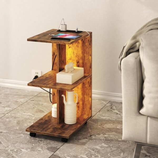 Wooden Nightstand with Charging Station & Led Lights, 3 Tier End Table with Wheels Storage Shelves, Sturdy Bedside Tables Side Table for Living Room Bedroom Home Office, Easy Assembly, Rustic Brown - Image 2