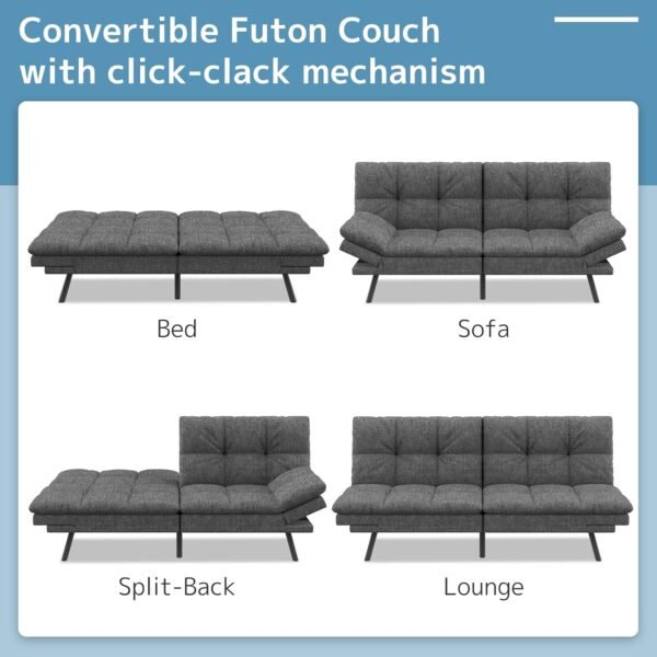 wOod-it Futon Sofa Bed, Memory Foam Foldable Couch Convertible Loveseat Sleeper Daybed with Adjustable Armrests for Small Space, Studio, Office, Apartment, Compact Living Room, Dark Gray - Image 3