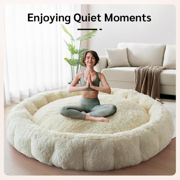 BYBYME Fluffy Soft Bean Bag Bed, Human Round Cloudy Dog Bed, Extra Wider Full Floor Mattress with Long Faux Fur Cover, Beige, 80x80 Inch - Image 8