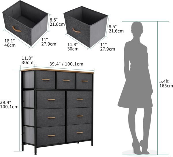 YITAHOME Dresser with 9 Drawers - Fabric Storage Tower, Organizer Unit for Bedroom, Living Room, Hallway, Closets - Sturdy Steel Frame, Wooden Top & Easy Pull Fabric Bins (Dark Grey) - Image 3