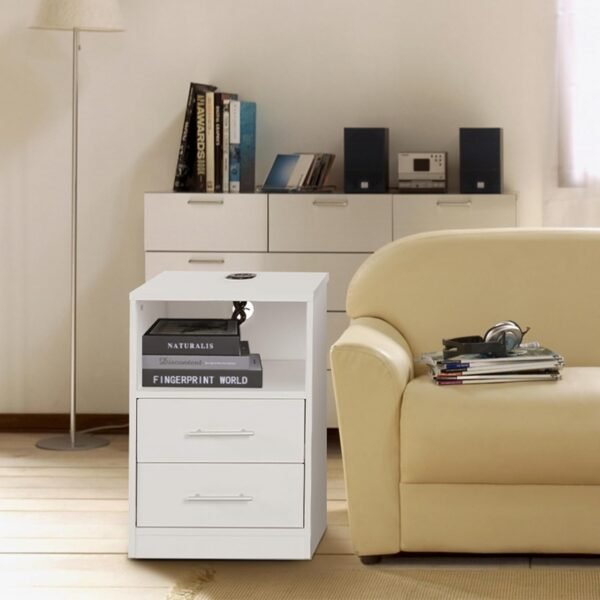 PrimeZone LED Nightstand with Charging Station - Modern End Table Bedside Table with 3 USB Ports, Wooden Bedroom Night Stand with 2 Drawers & Open Storage, White, Set of 2 - Image 5