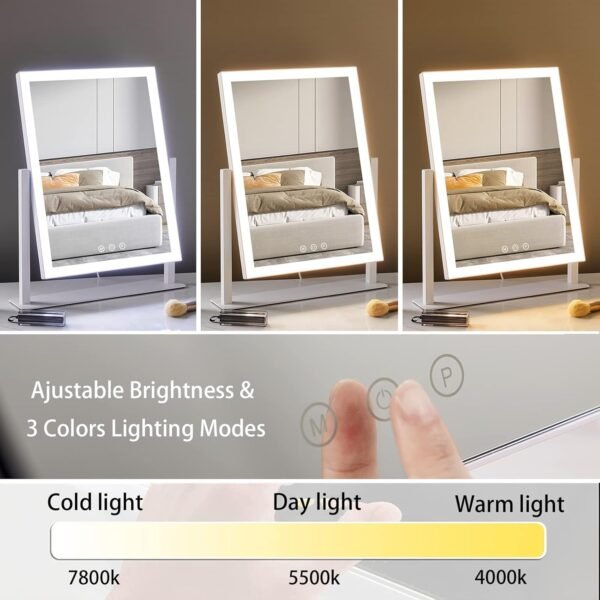 HIEEY Lighted Makeup Mirror, Hollywood Vanity Mirror with Lights, Three Color Lighting Modes, and 5X Magnification Mirror, Smart Touch Control, 360°Rotation (15.2in. White) - Image 2