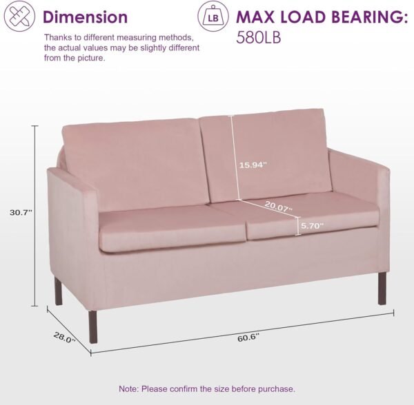 TYBOATLE Sofa Couch Mid Century Modern Small Loveseat for Living Room, 51" W Mini Little Upholstered 2-Seater Love Seats w/Iron Legs for Compact Small Space, Apartment, Bedroom, Dorm, Office (Pink) - Image 2