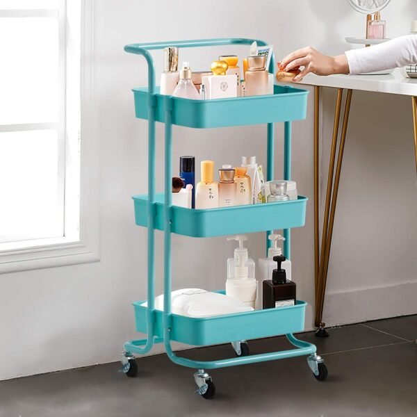 TUKAILAi 3-Tier Rolling Storage Cart with Lockable Wheels and Ergonomic Handle, Slide Out Utility Shelving Unit Organizer Serving Trolley Clearing for Kitchen Bathroom Laundry Bedroom (Blue) - Image 4
