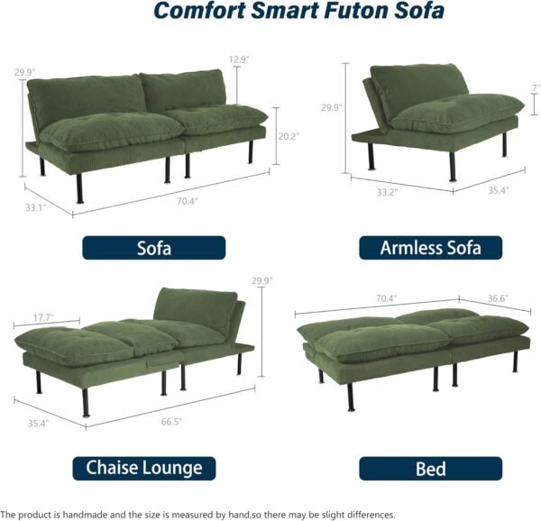 70" Futon Sofa Bed, 4-in-1 Multi-Function Couch Bed with Adjustable Backrest, Modern Convertible Futon, Recliner Love Seat Sleeper Sofa, Small Futon Couch for Living Room, Dorm, Green - Image 3