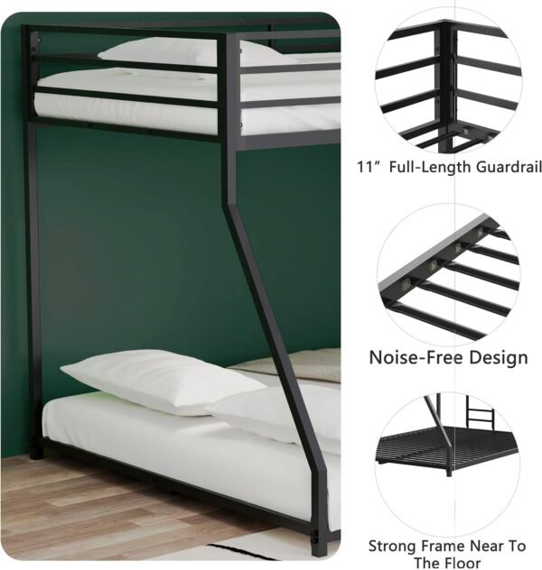 Full Size Metal Bunk Beds Frame with Stairs & Full-Length Guardrail for Bedroom, Space-Saving, No Box Spring Needed, Firm, Stable, Easy to Climb, Black - Image 6