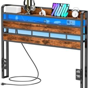 Furnulem Queen Size Headboard Storage 2 Tier Headboard with USB Ports for Dorm LED Light College Headboard Shelf Height Adjustable Modern Style Headboard with Charging Station Rustic Brown