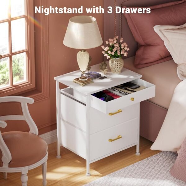 Nightstand with 3 Drawers, Night Stand Dresser for Bedroom, Small Dresser with Fabric Bins, Leather Finish, Modern Bedside Table End Side Table for Living Room, Dorm, Closet, Nursery, White - Image 5