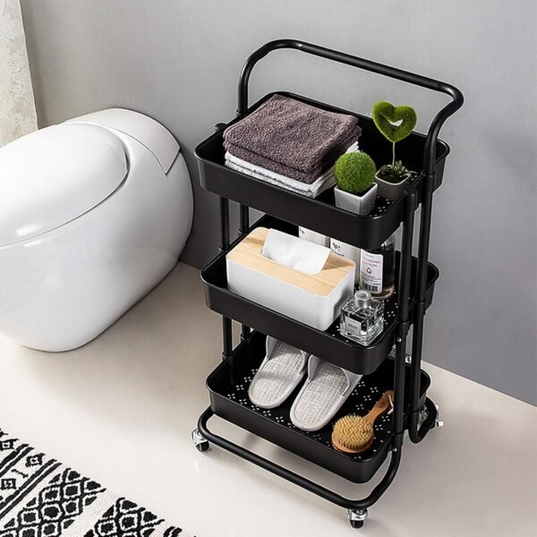 TUKAILAi 3-Tier Rolling Storage Cart with Lockable Wheels and Ergonomic Handle, Slide Out Utility Shelving Unit Organizer Serving Trolley Clearing for Kitchen Bathroom Laundry Bedroom (Black) - Image 4