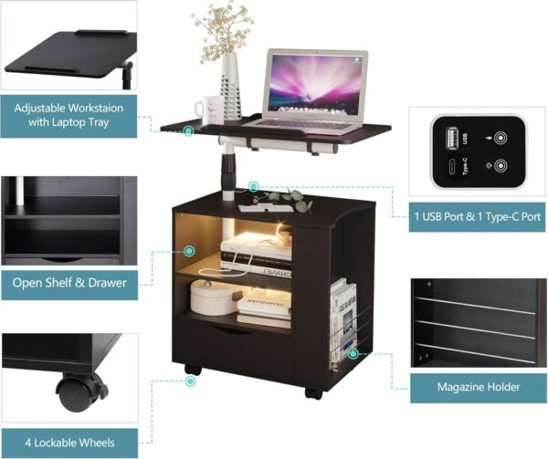 dnbss LED Nightstand with Charging Station, Swivel Top Bedside Table with Wheels, Smart Night Stand with Laptop Table Workstation for Bedroom, Modern End Side Table (Black) - Image 6
