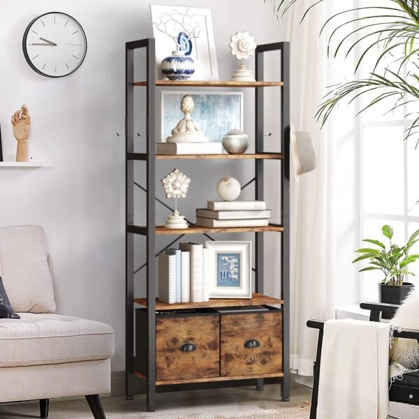 oneinmil 5-Tier Bookshelf with 2 Storage Drawers, Industrial Display Standing Shelf, Rustic Wood Storage Shelf with Metal Frame, Open Bookcases for Living Room, Bedroom, Home Office (Brown) - Image 4