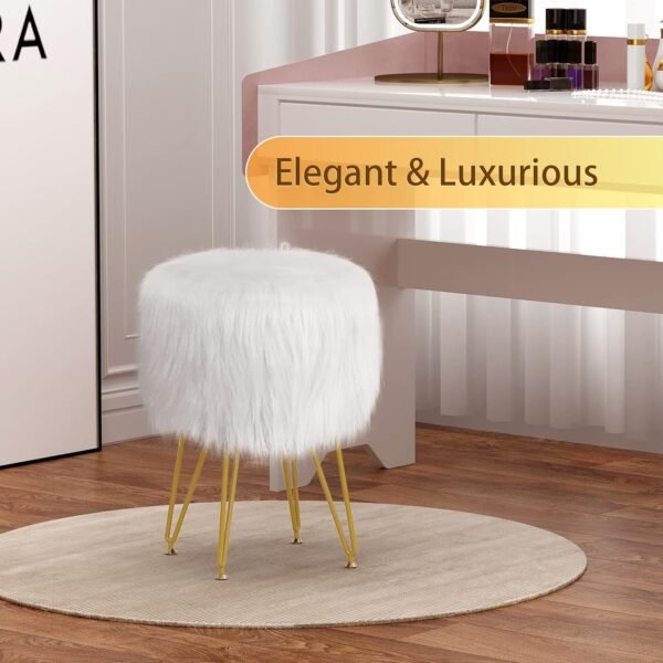 Vanity Stool Chair with Storage, Faux Fur Makeup Room Seat Stool, Soft Padded Seat, Round Footrest Footstools with 4 Metal Legs & Adjustable Footings, Vanity, Bathroom, Bedroom Chairs White - Image 6