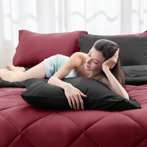 5 Pieces Twin XL Comforter Set, Dorm Bedding Sets, Back to School Bed in a Bag 5 PCS, Down Alternative Sets with Comforter, Flat Sheet, Fitted Sheet, Pillowcase & Pillow Sham, Burgundy Red & Black - Image 2