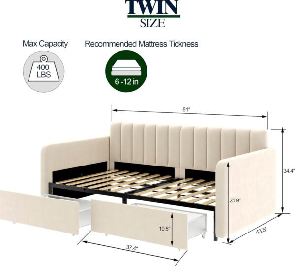 LifeSky Home Daybed Twin with Storage - Upholstered Day Bed Frame with Drawers - Modern Tufted for Living Room Guest Room Bedroom Apartment Beige - Image 2