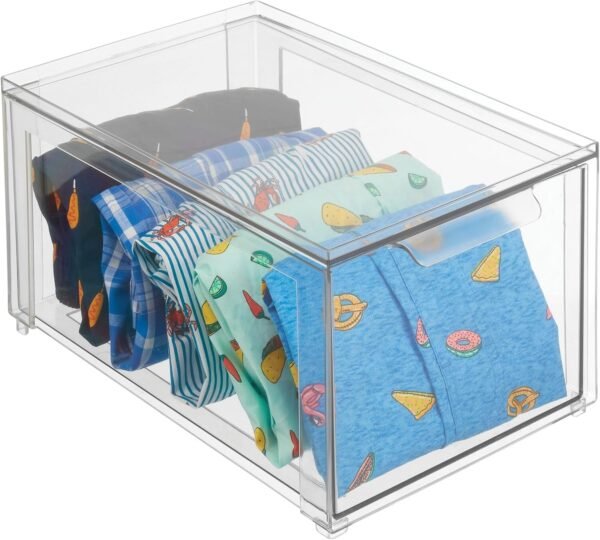 mDesign Plastic Closet Organizer Bin w/Pull Out Drawer - Stackable Storage for Closet - Organization for Shoes, Clothes, Bags, Totes, Small Linens, and More - Lumiere Collection - 4 Pack - Clear - Image 9