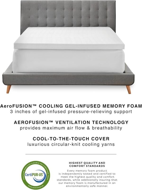 Essentials 3 Inch Memory Foam Mattress Topper, Gel Infused Mattress Topper, Cooling Circular-Knit Cover Included, CertiPUR-US Certified Foam, White - Image 3