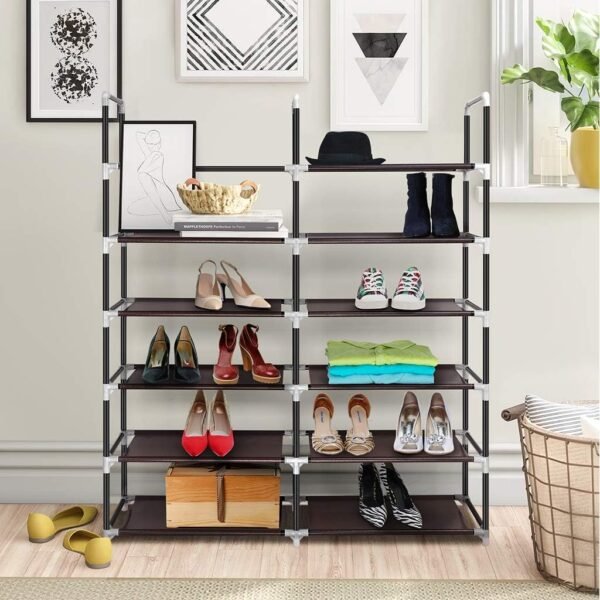 Awenia Shoe Rack 6 Tier, Durable and Stable Metal Shoe Organizer 30 Pairs Space Saving Shoe Tower Shoe Shelf for Closet Entryway Hallway, Non-Woven Fabric, Brown - Image 2