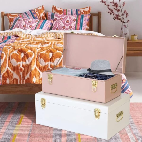 Vixdonos Metal Trunks College Dorm Steel Chests Decorative Storage Box Set of 2 Bedroom Organizer for Home Decor,23.7X14.2X9.5 Inches(Pink and White) - Image 4