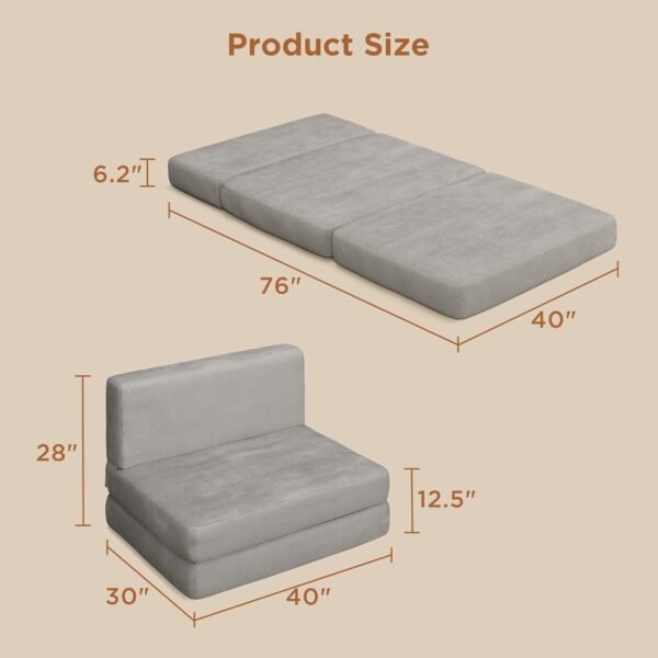 Aiho Fold Sofa Bed, Convertible Sleeper Chair Bed Memory Foam Floor Sofa, Futon Couch for Living Room/Dorm/Guest Room/Apartment, Twin, Light Grey - Image 2