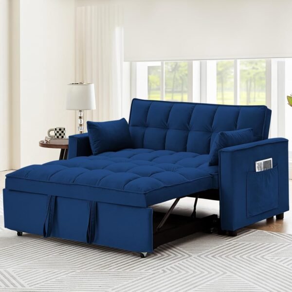 Sleeper Sofa Bed,3 in 1 Convertible Futon Sofa Couch Pull Out Bed,Love Seat Lounge Sofa with RecliningBackrest,Furniture Sleeper Chair for Living Room (Blue) - Image 5