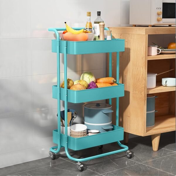 TUKAILAi 3-Tier Rolling Storage Cart with Lockable Wheels and Ergonomic Handle, Slide Out Utility Shelving Unit Organizer Serving Trolley Clearing for Kitchen Bathroom Laundry Bedroom (Blue) - Image 2
