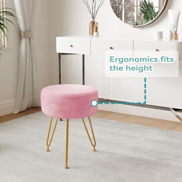 Ottoman Velvet Vanity Stool - Stool for Bedroom,Make Up Chiar Soft Footrest 3 Metal Legs with Anti-Slip Feet，Vanity Chair for Makeup Room,Living Room,Bathroom,Dormroom Light Pink Vanity Chair - Image 5