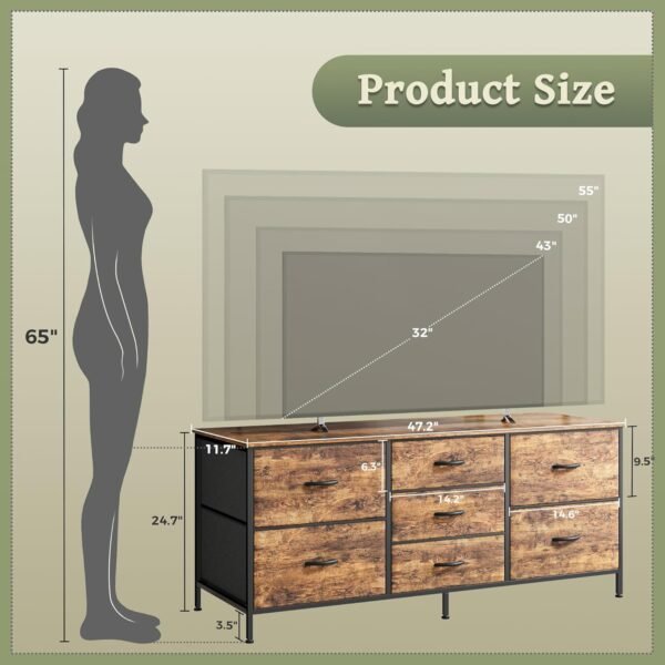 Dresser with 7 Drawers, 47 Inch Dresser TV Stand for 43, 50, 55 Inch TV, Wide Fabric Dresser Chest of Drawers, Metal Frame, Storage Dresser for Bedroom, Nursery, Clothing, Rustic Brown - Image 3