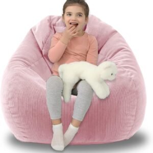 LPMOERA 3FT Bean Bag Chairs for Adults/Teens with Memory Foam Filling Bean Bag Sofa with Handle Ultra Soft Washable Corduroy Fabric Lazy Sofa for Living Room Bedroom College Dorm Pink