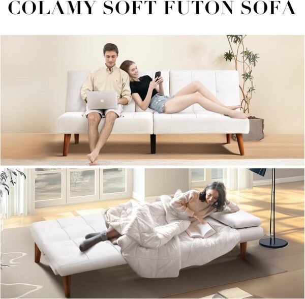 COLAMY Futon Sofa Bed-Fabric Small Futon Couch, Futon Lounge Sofa, Futon Convertible with 2 Cup Holders, Removable Soft Armrest, Adjustable Backrest for Dorm/Bedroom/College Beige - Image 4