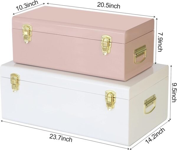 Vixdonos Metal Trunks College Dorm Steel Chests Decorative Storage Box Set of 2 Bedroom Organizer for Home Decor,23.7X14.2X9.5 Inches(Pink and White) - Image 2