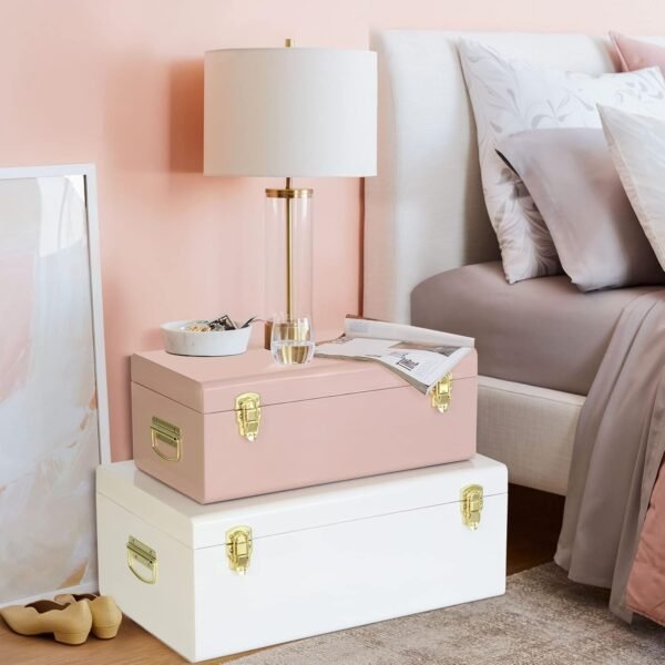 Vixdonos Metal Trunks College Dorm Steel Chests Decorative Storage Box Set of 2 Bedroom Organizer for Home Decor,23.7X14.2X9.5 Inches(Pink and White) - Image 5