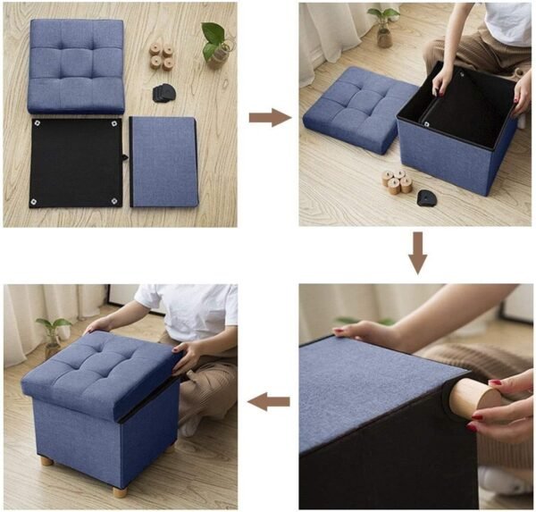 BRIAN & DANY Foldable Storage Ottoman Footrest and Seat Cube with Wooden Feet and Lid, Blue 15” x15” x14.7” - Image 7