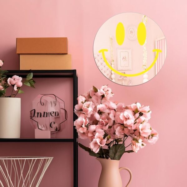 Preppy Mirror for Teen Girls Smile Face Mirror 12" Aesthetic Mirror Self Adhesive Acrylic Mirror Tiles Round Mirror for Bedroom Living Room Bathroom (Yellow) - Image 6