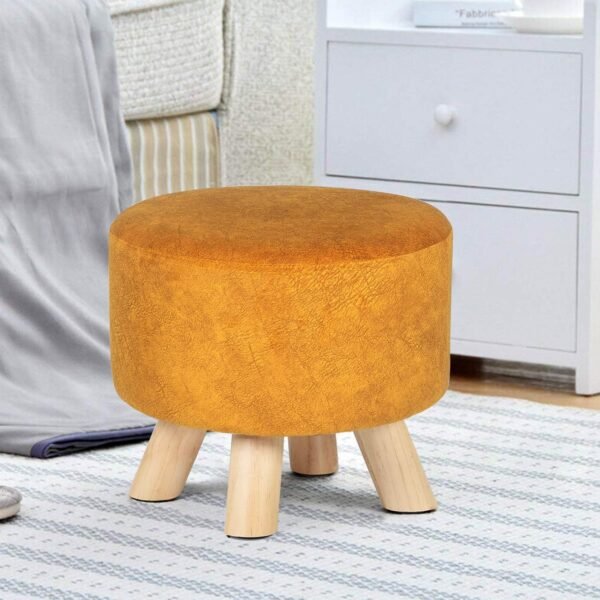 Round Ottoman Fabric Foot Rest Stool Non-Skid Wooden Legs (Orange) - Image 9