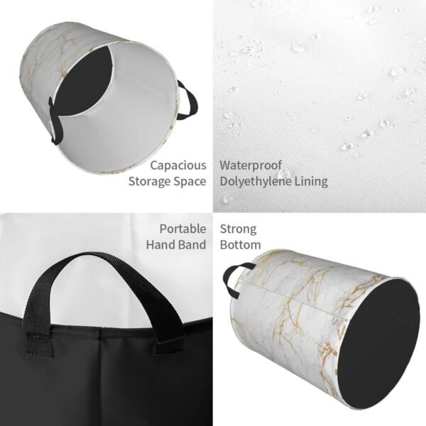 White Marble Round Laundry Hamper Marbling Texture Storage Basket Waterproof Coating Organizer Bin For Nursery Clothes Toys, 38L - Image 3