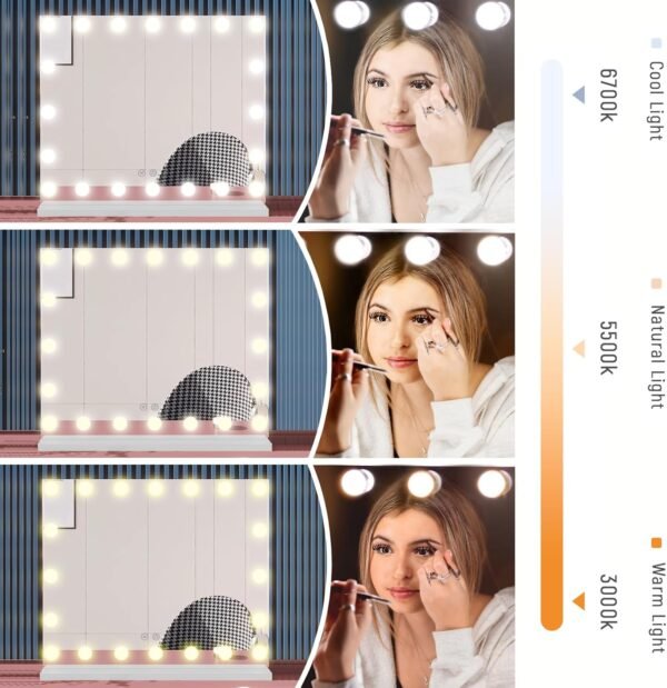 Hollywood Vanity Mirror with Lights, Tabletop Makeup Mirror with 20 Dimmable LED Bulbs, 3 Color Lighting Modes, Vanity Mirror for Bedroom, Touch Control, Tabletop or Wall-Mounted, White - Image 2