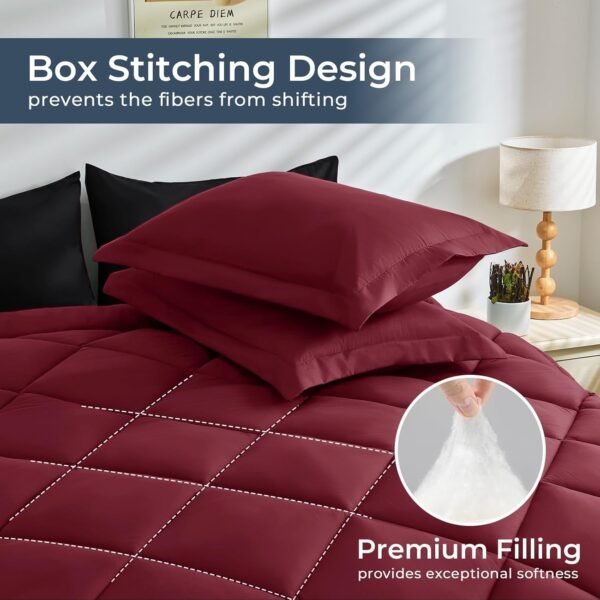 5 Pieces Twin XL Comforter Set, Dorm Bedding Sets, Back to School Bed in a Bag 5 PCS, Down Alternative Sets with Comforter, Flat Sheet, Fitted Sheet, Pillowcase & Pillow Sham, Burgundy Red & Black - Image 5