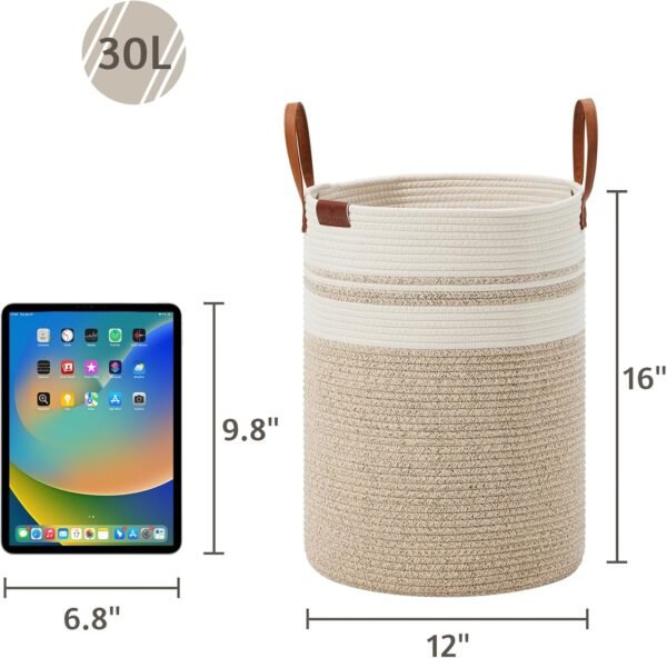 VIPOSCO Small Laundry Basket, Slim Baby Hamper with Leather Handle, Cute Woven Rope Storage Basket for Blanket, Kids Toy, Clothes In Living Room, Bathroom, Bedroom, Nursery Room - 30L Brown & White - Image 5