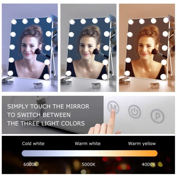 Zdorzi 10"x 12" Vanity Mirror with Lights, Hollywood Lighted Makeup Mirror with 3 Color Modes and 12 Dimmable Diamond LED Light Bulbs, Touch Control for Bedroom, White - Image 3