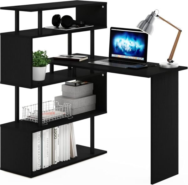 Furinno Classic L-Shape Computer Desk, Writing Desk with 5-Tier S-Shaped Side Shelves, Americano/Black - Image 4
