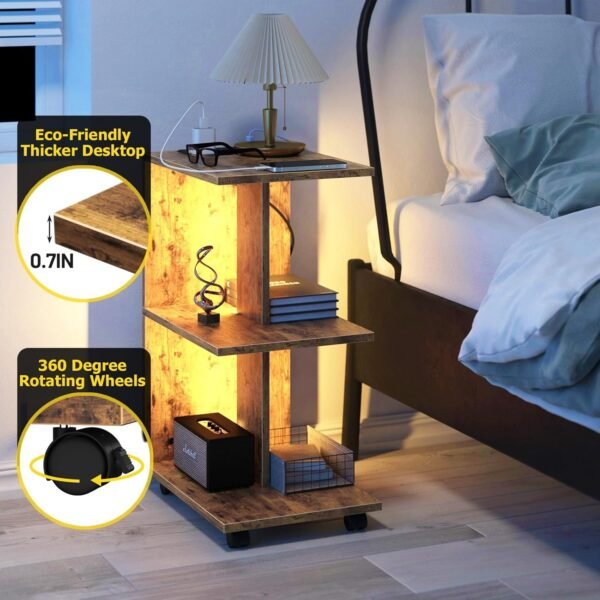 Wooden Nightstand with Charging Station & Led Lights, 3 Tier End Table with Wheels Storage Shelves, Sturdy Bedside Tables Side Table for Living Room Bedroom Home Office, Easy Assembly, Rustic Brown - Image 4
