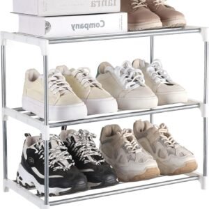 Small Shoe Rack, Narrow Stackable Shoe Shelf Organizer for Entryway, Doorway and Bedroom Closet (3-Tier, White)